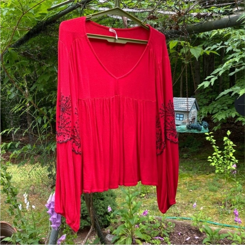 Francesca's Collections Red Asymmetrical Embellished Blouse